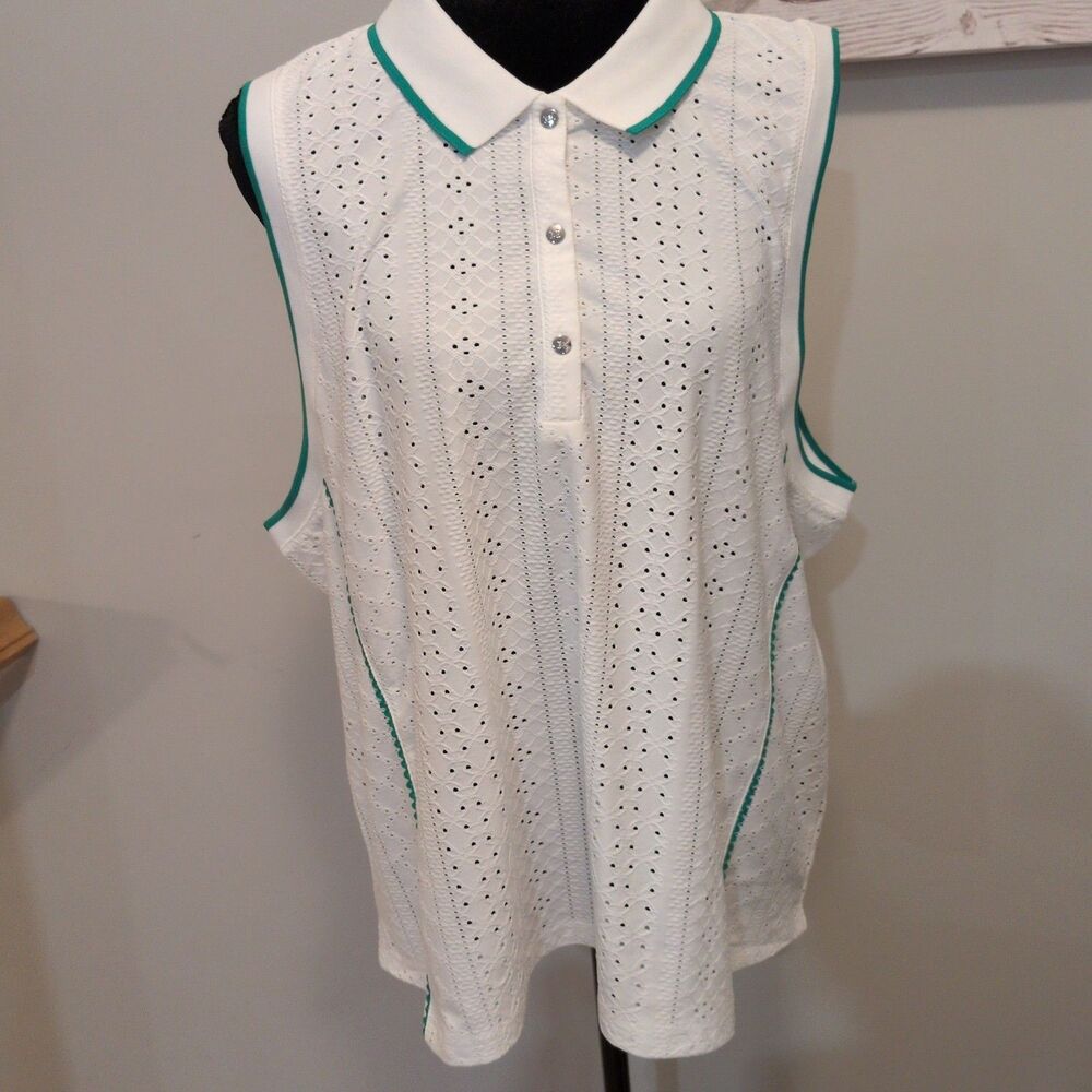RBX Active Women's Sleeveless Polo Shirt XXL White Green Trim Eyelet Perforated